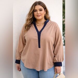 Women's Tan and Navy V-Neck Blouse